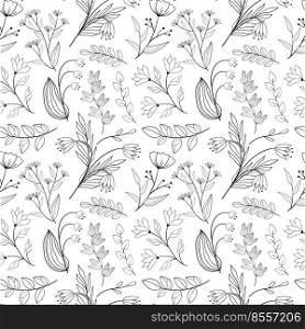 Floral seamless pattern in black and white line style. Doodle flowers textile print. Vintage nature graphic. Bell flower, meadow flowers and leaves motif. Floral seamless pattern in black and white line style. Doodle flowers textile print. Vintage nature graphic. Bell flower, meadow flowers and leaves motif.