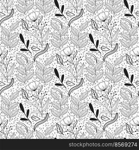 Floral seamless pattern in black and white line style with damask tile motif. Doodle flowers textile print. Vintage nature graphic. Flower with berries and leaves. Floral seamless pattern in black and white line style with damask tile motif. Doodle flowers textile print. Vintage nature graphic. Flower with berries and leaves.