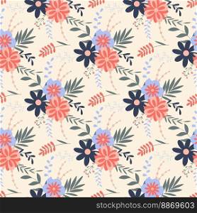 Floral seamless pattern in doodle style with flowers and foliage. Delicate, spring floral background with blossoms and leaves. Vector design, print for textiles, papers, packaging, wallpapers and decor. Floral seamless pattern in doodle style with flowers and foliage