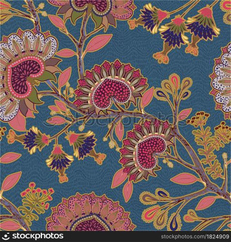 Floral seamless pattern. Indian wallpaper. Design for textile, wallpaper, web, print, paper, backdrop, background. Indian floral paisley branches flowers. Floral seamless pattern. Indian wallpaper. Indian floral paisley, curly branches flowers.