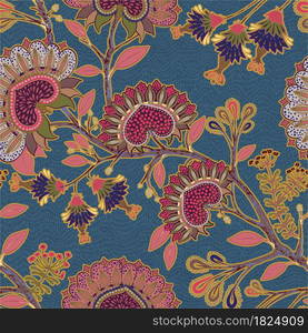 Floral seamless pattern. Indian wallpaper. Design for textile, wallpaper, web, print, paper, backdrop, background. Indian floral paisley branches flowers. Floral seamless pattern. Indian wallpaper. Indian floral paisley, curly branches flowers.