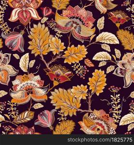 Floral seamless pattern. Indian wallpaper. Design for textile, wallpaper, web, print, paper, backdrop, background. Indian floral paisley, curly branches flowers.