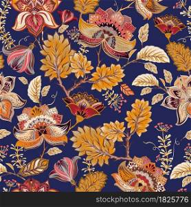 Floral seamless pattern. Indian wallpaper. Design for textile, wallpaper, web, print, paper, backdrop, background. Indian floral paisley, curly branches flowers.