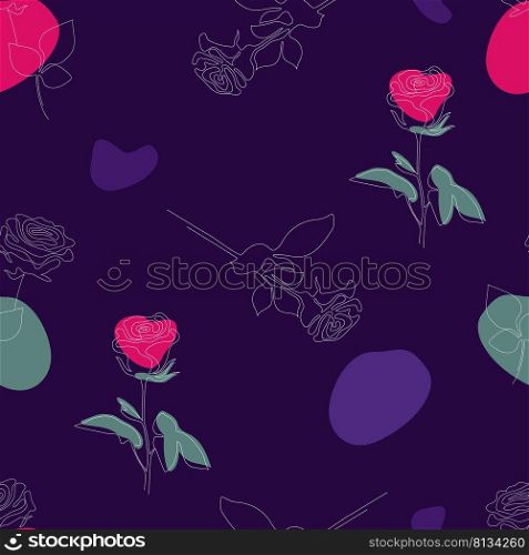 Floral seamless pattern. Linear flower branch of rose with bright spots on dark purple background. Vector illustration. Botanical drawing for decor, design, print, packaging, wallpaper and textile