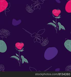 Floral seamless pattern. Linear flower branch of rose with bright spots on dark purple background. Vector illustration. Botanical drawing for decor, design, print, packaging, wallpaper and textile