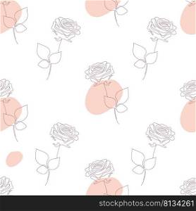 Floral seamless pattern. Linear flower rose branch with abstract spots on white background. Vector illustration. Botanical drawing for decor, design, print, packaging, wallpaper and textile