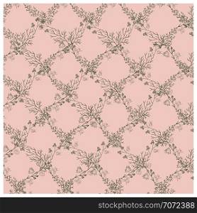 Floral seamless pattern of rhombuses. Pink geometric background, black floral ornament style illustration. Sketch wrapping paper, texture, background vector fill. Vector illustration.. Floral endless pattern of rhombuses, pink background.