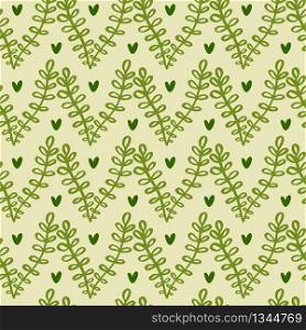 Floral seamless pattern. Ornament with green twigs. wallpaper design with a natural motif and hearts in green colors. Floral seamless pattern. Ornament with green twigs. wallpaper design with a natural motif and hearts in green colors.
