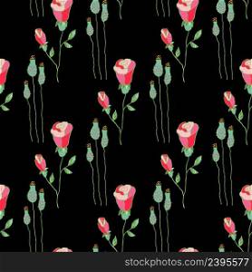 Floral seamless pattern. Pink flowers on a dark background. Seamless vector pattern with flowers and green plants. Vector illustration.. Pink flowers on a dark background.