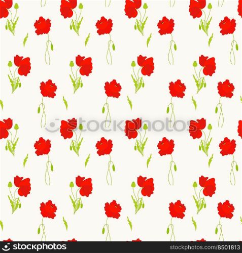 Floral seamless pattern. Red poppies with buds and leaves on white background. Vector illustration. Botanical pattern with poppy flowers for decor, design, packaging, wallpaper, textile and print