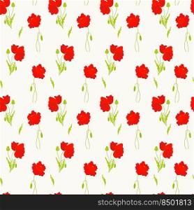 Floral seamless pattern. Red poppies with buds and leaves on white background. Vector illustration. Botanical pattern with poppy flowers for decor, design, packaging, wallpaper, textile and print
