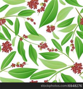 Floral seamless pattern sandalwood. Sandalwood tree branch with red flowers and green leaves. Vector illustration can be used in wallpapers, textile.