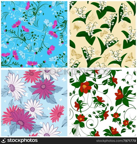 Floral Seamless Pattern Set. Elegant Design With Beautiful Flowers, Butterflies and Birds on Color Background. Floral and Swirl Elements. Ideal for Textile Print and Wallpapers. Vector Illustration.