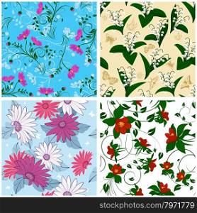 Floral Seamless Pattern Set. Elegant Design With Beautiful Flowers, Butterflies and Birds on Color Background. Floral and Swirl Elements. Ideal for Textile Print and Wallpapers. Vector Illustration.