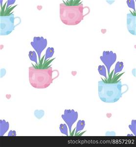 Floral seamless pattern. Spring bouquet of flowers saffron in cups on white background. Vector illustration. Delicate botanical endless background for decor, design, packaging, wallpaper, textile