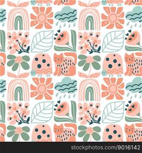 Floral seamless pattern spring with hand drawing wild flowers and animal. Simple scandinavian botanical design for fabrics, tile mosaic, scrapbooking. Vector illustration.. Floral seamless pattern spring with hand drawing wild flowers and animal. Simple scandinavian botanical design for fabrics, tile mosaic, scrapbooking. Vector illustration