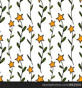 Floral seamless pattern. Starry flowers pattern in orange green and yellow. Vector illustration. Natural print for fabric, wrppingpaper . Childish linen design. Floral seamless pattern. Starry flowers pattern in orange green and yellow. Vector illustration. Natural print for fabric, wrppingpaper . Childish linen design.