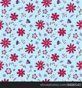 Floral seamless pattern. Vector flowers. Color sketch. Doodle background. Green leaves