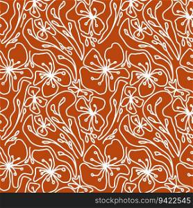 Floral seamless pattern with abstract flower and leaves. Monochrome line art flower elements on earth color vector background for surface design, fabric, textile wallpaper. Floral seamless pattern with abstract flower and leaves. Monochrome line art flower elements, vector earth color background for surface design, fabric, textile, wallpaper
