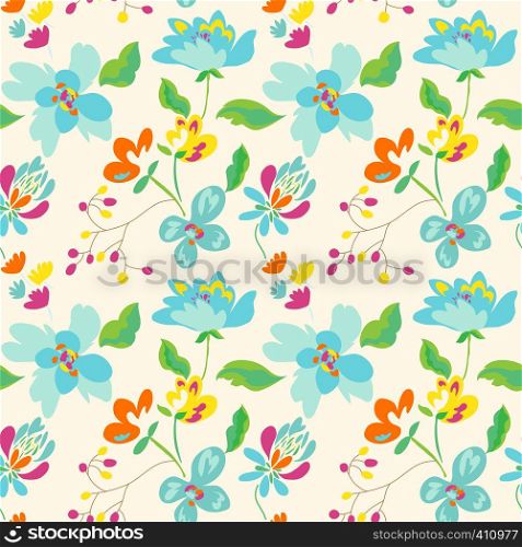 Floral seamless pattern with abstract flowers and leaves. Painted flowers background