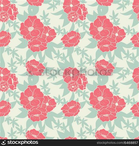 Floral seamless pattern with beautiful flowers on mint background, vector illustration