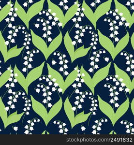 Floral seamless pattern with beautiful lilies of the valley on dark blue background. Vector illustration. Spring pattern with forest May flowers for design, packaging, wallpapers, decor and decoration