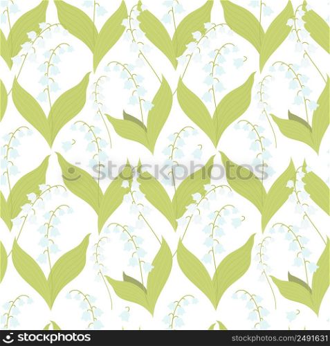 Floral Seamless pattern with beautiful May lilies of the valley on white background. Vector illustration. Spring pattern with forest flowers for design, packaging, wallpaper, decor and decoration