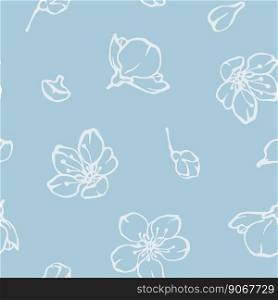 Floral seamless pattern with blooming spring flowers, buds and petals on blue background. Vector romantic print design for textile, fabric, wallpaprs or wrapping paper.