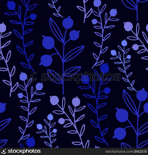 Floral seamless pattern with blue branches and berries. Botanical textile design. Nature pattern with floral ornament. Floral seamless pattern with blue branches and berries. Botanical textile design. Nature pattern with floral ornament.