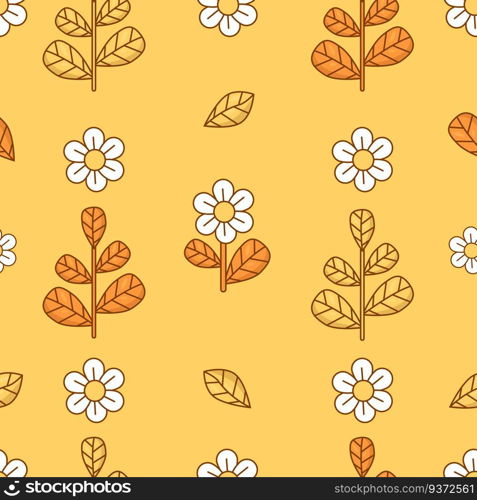 Floral seamless pattern with chamomile flowers and branches on yellow background. Groovy vector Illustration for wallpaper, design, textile, packaging, decor
