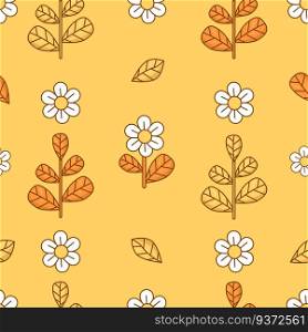 Floral seamless pattern with chamomile flowers and branches on yellow background. Groovy vector Illustration for wallpaper, design, textile, packaging, decor