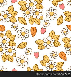 Floral seamless pattern with chamomile flowers on white background. Groovy modern vector Illustration for wallpaper, design, textile, printing, packaging , decor