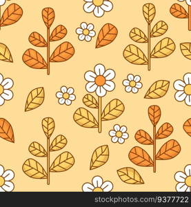 Floral seamless pattern with daisy flowers and leaves on yellow background. Groovy trendy modern vector Illustration for wallpaper, design, textile, packaging, decor
