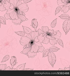Floral seamless pattern with decorative flower on pink background. Vector Illustration. Aesthetic modern art linear hand drawn for wallpaper, design, textile, packaging, decor
