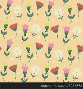 Floral Seamless Pattern with Flat Different Minimalistic flowers on yellow background. Spring Background with Blossom Flowers for Fabric, Wallpaper, Posters, Banners. Vector illustration.. Floral Seamless Pattern with Different Multicolor Minimalist flowers on yellow background. Spring Background with Blossom Flowers for Fabric, Wallpaper, Posters, Banners. Vector illustration