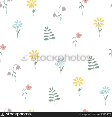 Floral Seamless Pattern with Flat Minimalistic flowers. Spring Background with Blossom Flowers for Fabric, Wallpaper, Posters, Banners. Vector illustration.. Floral Seamless Pattern with Minimalistic flowers on white background. Summer Background with Blossom Flowers for Fabric, Wallpaper, Posters, Banners. Vector illustration