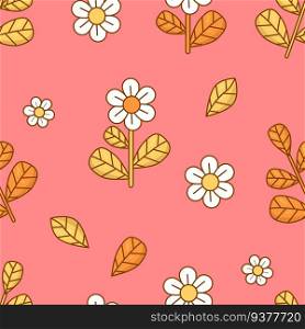 Floral seamless pattern with flower on pink background. Groovy vector Illustration for wallpaper, design, textile, packaging, decor
