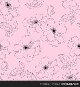 Floral seamless pattern with flower on pink background. Vector Illustration. Aesthetic modern art linear hand drawn for wallpaper, design, textile, packaging, decor