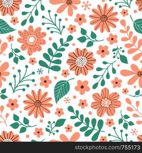 Floral seamless pattern with flowers and leaves on white background.