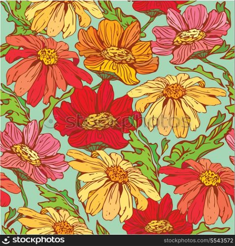 Floral Seamless Pattern with hand drawn flowers - camomile on blue background.