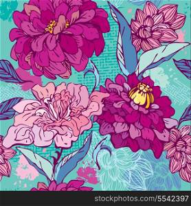 Floral Seamless Pattern with hand drawn flowers - chrysanthemum and peony.