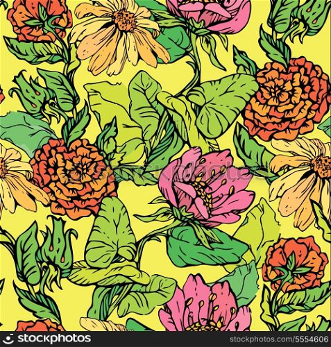 Floral Seamless Pattern with hand drawn flowers on yellow background. Ready to use as swatch.