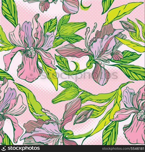 Floral Seamless Pattern with hand drawn flowers - orchids on pink background.