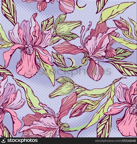 Floral Seamless Pattern with hand drawn flowers - orchids on violet background.