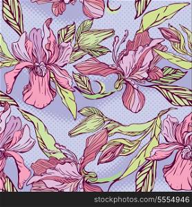 Floral Seamless Pattern with hand drawn flowers - orchids on violet background.