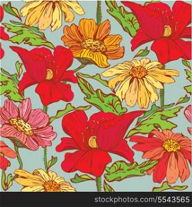 Floral Seamless Pattern with hand drawn flowers - poppy flowers and camomile on blue background.