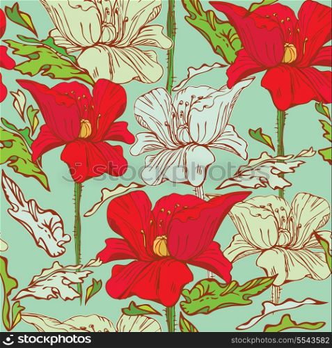 Floral Seamless Pattern with hand drawn flowers - poppy flowers on blue background.