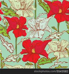 Floral Seamless Pattern with hand drawn flowers - poppy flowers on blue background.