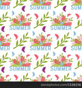 Floral Seamless Pattern with Lettering Summer. Endless Vector Illustration. Colored Butterflies, Plants Leaves and Word Advertising Vacation and Greeting with Summertime. Abstract Repeat Template. Floral Seamless Pattern with Lettering Summer