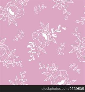 Floral seamless pattern with openwork white flower on pink background. Vector Illustration. Aesthetic modern art linear hand drawn for wallpaper, design, textile, packaging, decor